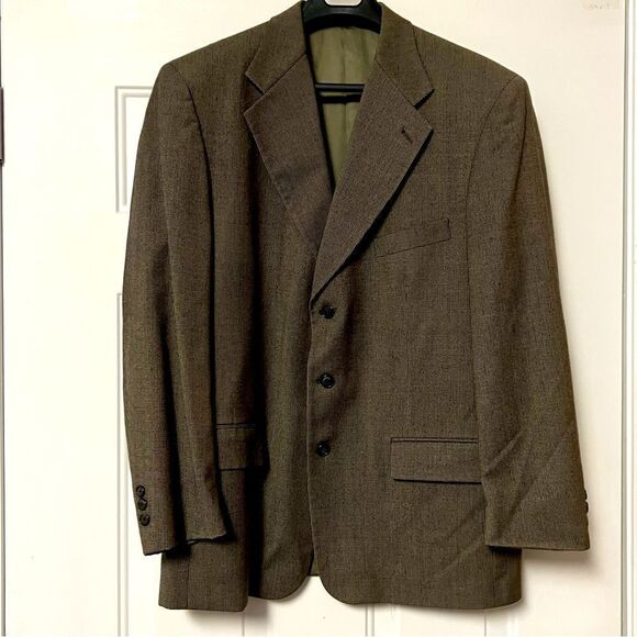 VTG 90s GIVENCHY Monsieur Brown Houndstooth Wool 3 Button Jacket Blazer 46 R - Picture 1 of 12